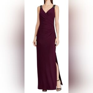 Womens Lauren Ralph Lauren Ruched Lined Maroon Maxi Evening Gown Size 18